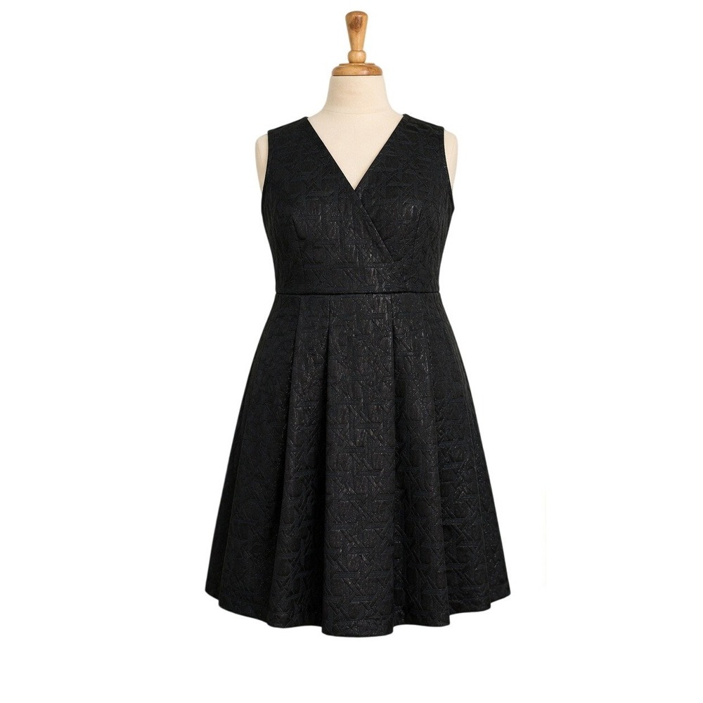 Kirna Zabete Jacquard Fit Flare Dress Womens 16 Black Metallic V-Neck Excellent